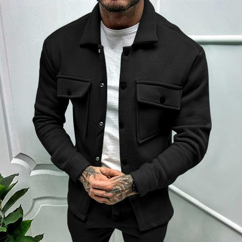 Men's Knitted Shacket Jacket Solid Black Lapel Cardigan with Double Chest Pockets Slim Fit Casual Coat for Men