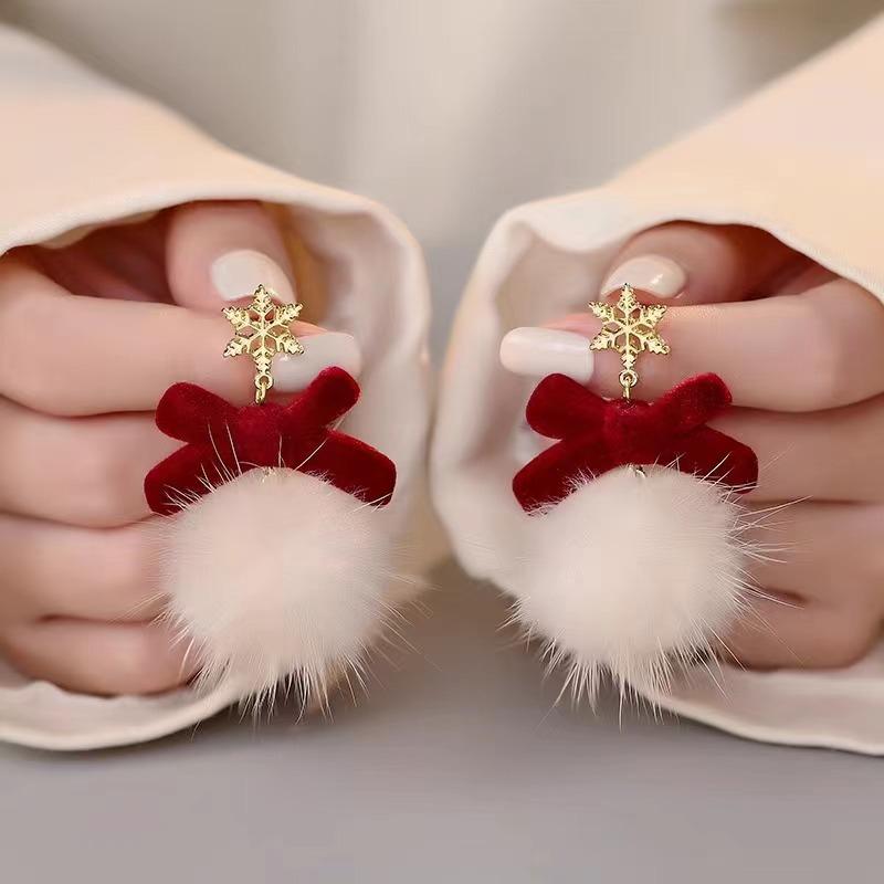 2025 Snowflake Antler Hair Ball Tassel Earrings for Women Cute Red Bow Plush Earrings Light Luxury Temperament Christmas Jewelry