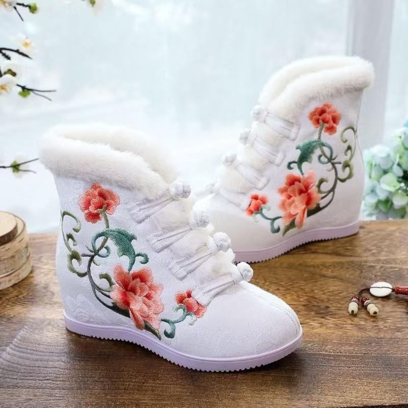 Women's Winter Wedges Ankle Embroidered Cotton Boots Increased Internal Ethnic Style Round Toe Plush Warm Canvas Hanfu Boots