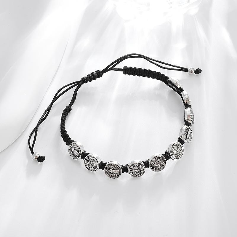 Bracciale Croce di Gesù San Benedetto Catena in Corda Regolabile Intrecciata a Mano Gioielli Cristiani per la Preghiera Fede San Benito per Uomini Donne
