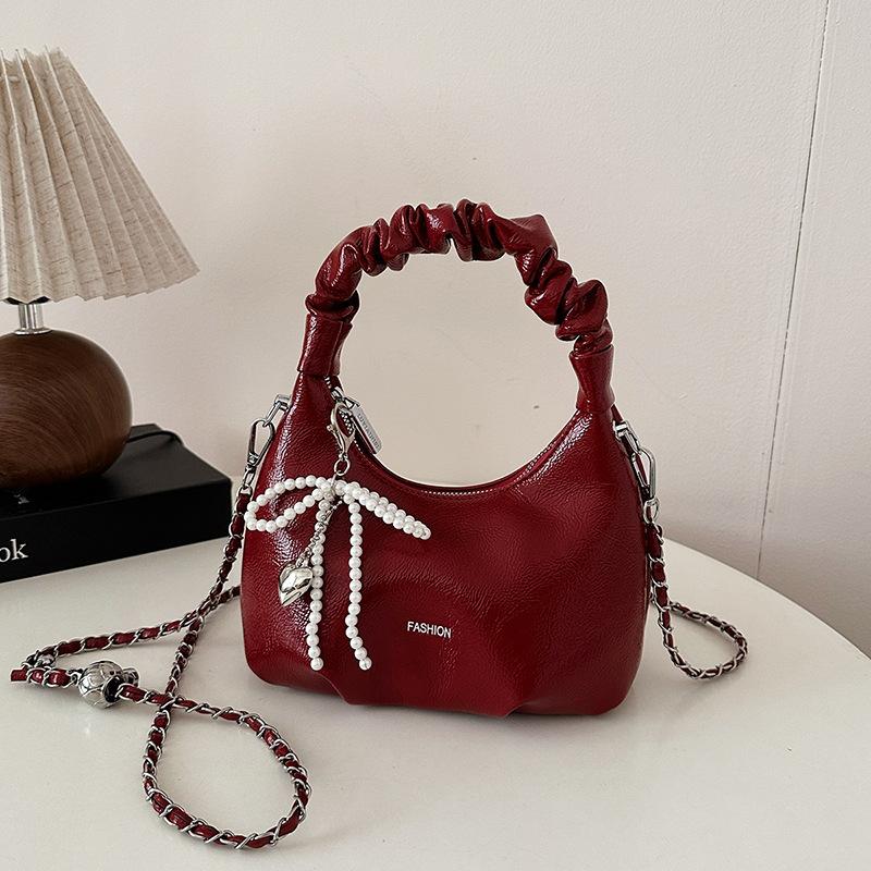 Premium red bag women's new versatile chain messenger bag exquisite pleated handbag
