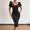 Belt Waist Tight Hip Wrap Skinny Elegant Dress Square Collar Puff Short Sleeve Bodycon Gown Dress Female Clothing
