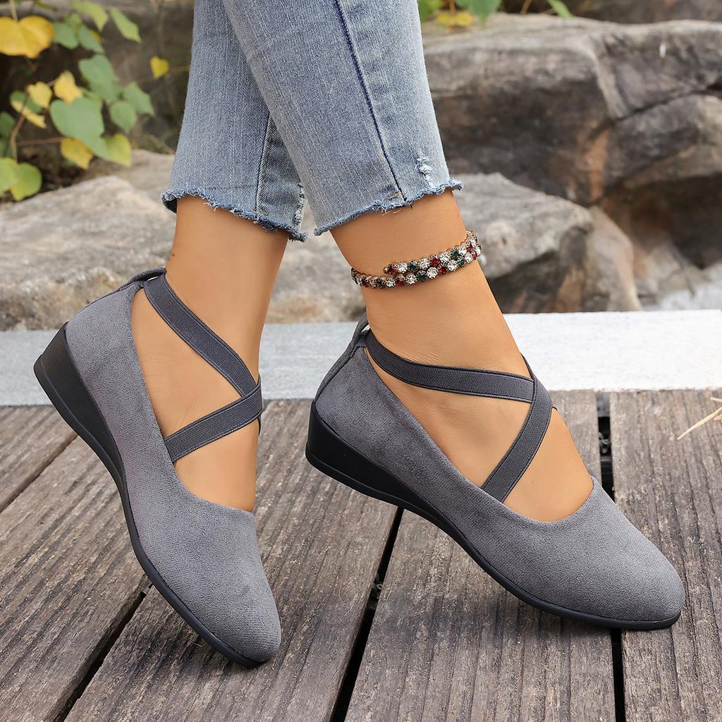 Comfortable Round Toe Mary Jane Wedges with Elastic Cross Strap, Lightweight & Versatile, Ideal for Walking, Shopping Comfort