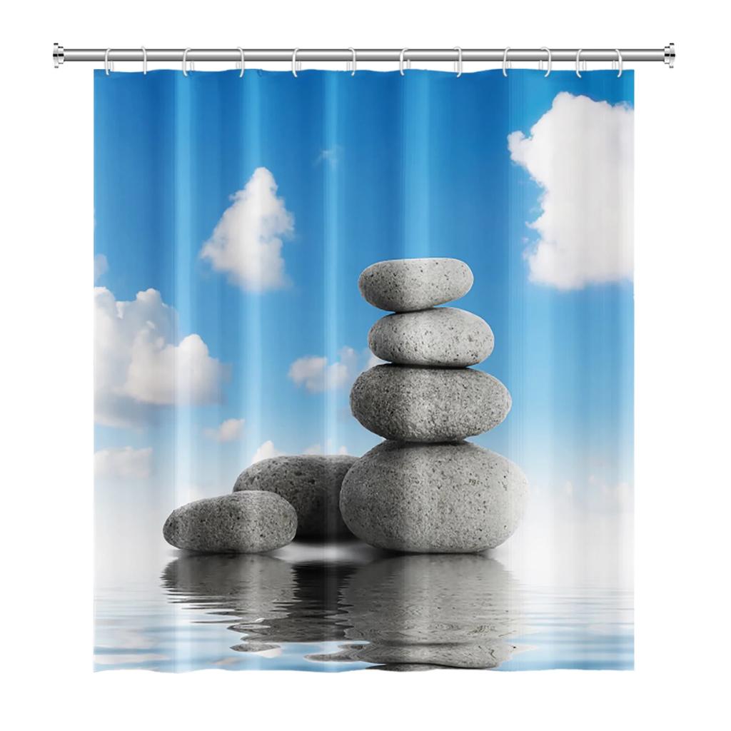 Zen Shower Curtains Spa Lotus Japanese Meditation Basalt Stones Herbal Oil Scent Candles Bamboo Water Home Bathroom Decor Hooks