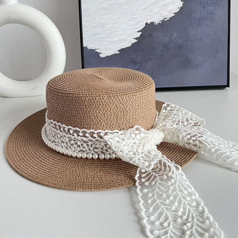 100.00kg Plus Size Women's Big Brim Grass Bows Hand-Woven Seaside Beach Hat Sun-Proof Face Cover Sun-Shade Straw Hat
