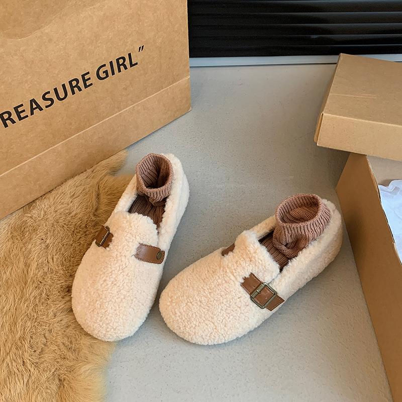 Mode 2024 Printemps et Automne Nouvelles Chaussures en Coton Poilu à la Mode pour Femmes avec Boucle Color Block Chaussures Paresseuses Confortables pour Femmes