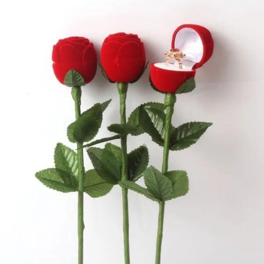 Red Velvet Rose Ring Box with Leaves Simulation Flower Valentine's Day Rose Ring Gimmick Flocking Rose to Ring Box