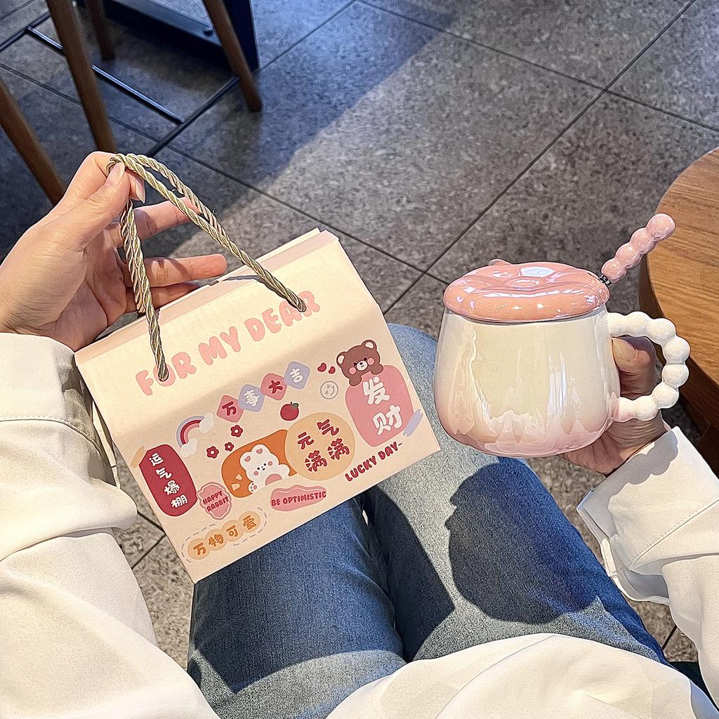 High value Pearlescent Mug with Lid Spoon Ceramic Cup for Girls Niche Couples Water Cup Office Coffee Cup