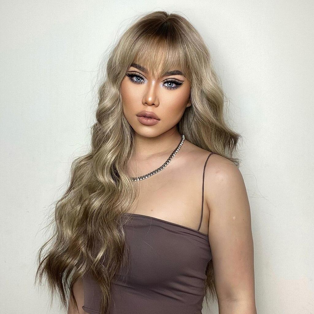 EASIHAIR Long Wavy Synthetic Wigs Blonde Ombre Hair Wig with Bangs for Women with Bangs Cosplay Daily Wig Heat Resistant