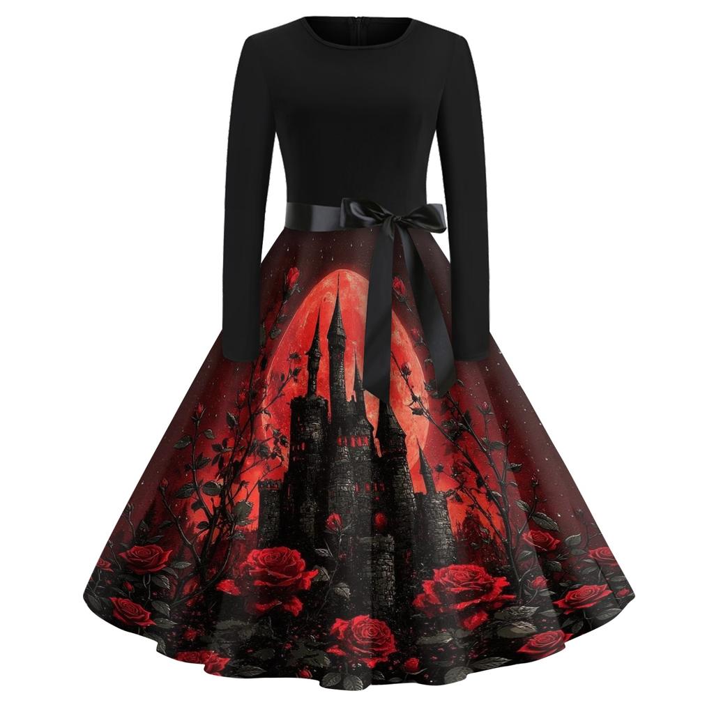 Women's Halloween Print Round Neck Dress, Vintage Casual Swing Dress for Party