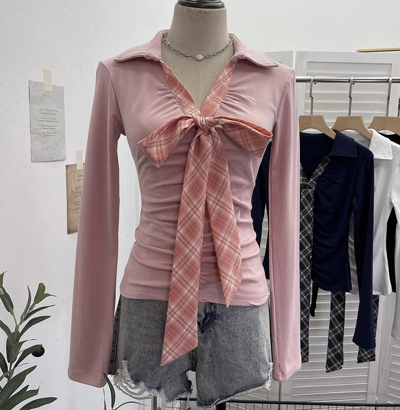 Spicy Girl V-Neck Bow Tie Lace-Up Long Sleeve Slim Pleated Top