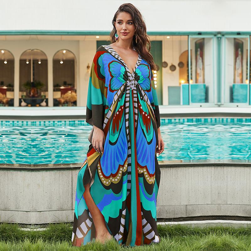 EDOLYNSA Plus Size Kaftan Red Bohemian Printed Summer Long Beach Dress Women Homewear Outfit Swim Suit Cover Up Loose Caftan