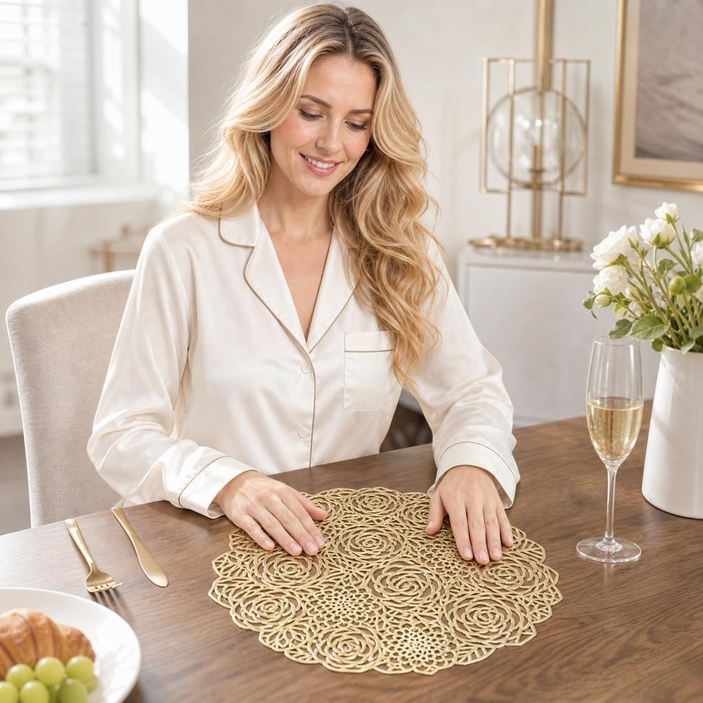 Round Heat Resistant Placemat 38cm Floral Laser Cut Design Durable Non-Slip Table Mat for Dining Kitchen Use