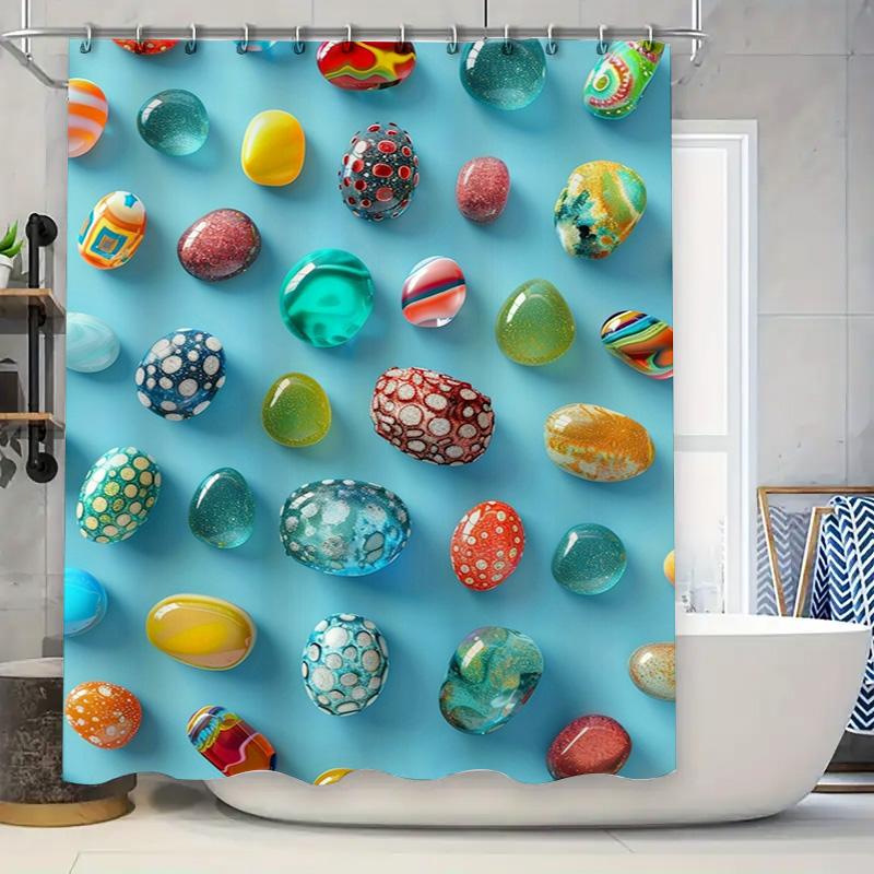 

Easter Egg Shower Curtain Waterproof Fabric Decorative Bathroom Accessories for Kids Bathrooms Blue Print with Polka Dots Stripe 90x180cm