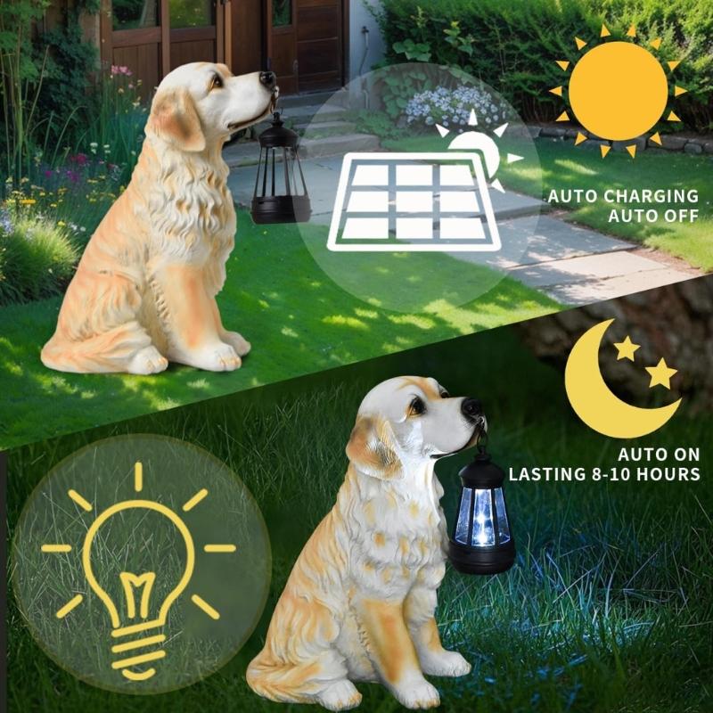 Garden Decoration Dog Statues Outdoor Golden Dog Puppy Statue with Solar Outdoor Figurine Light for Garden Patio