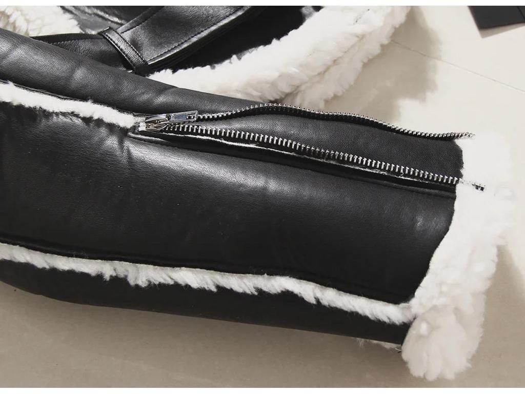 2023 Women's Motorcycle Style Leather Jacket - Short, Fur-Integrated, Cotton Outerwear