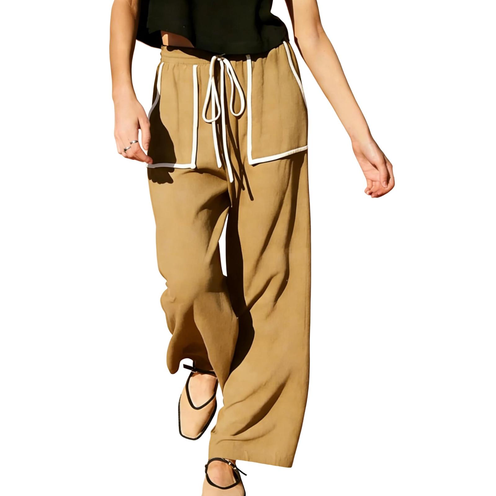 

Women Elastic High Waist Pant Casual Fit Wide Leg Long Pants Trousers With Pockets XL хакі