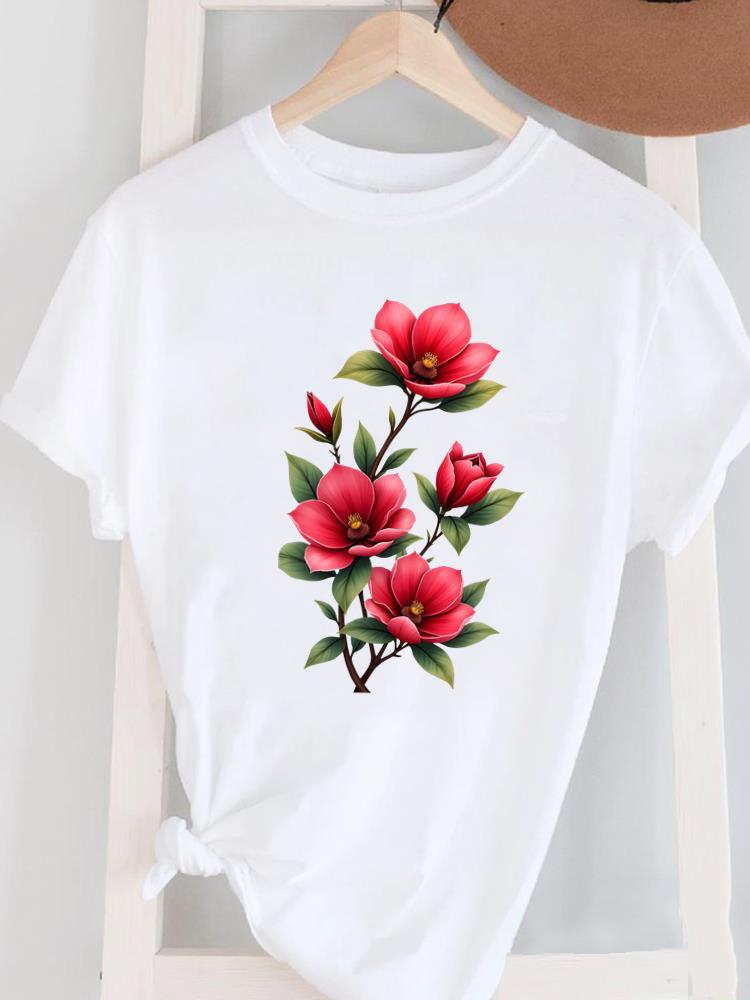 (Asian Size) Short Sleeve Women's Top T Female Print  Fashion ladies O-neck Casual trend lovely flower cute Clothing  Graphic Tee T-shirts