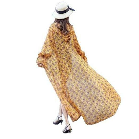 Hooded Beach Print Chiffon Cardigan for Women – Flowy, Breathable, Sun Protection Cape