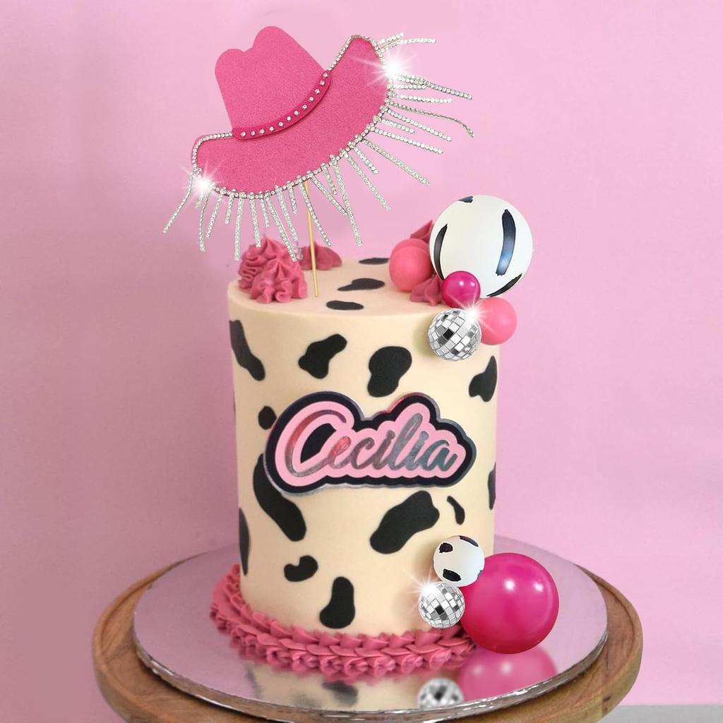 Cowgirl Cake Topper Hot Pink DIY Glänzender Cowgirlhut Diskokugeln für Western-Themenparty Cowgirl Geburtstagsfeier Zubehör