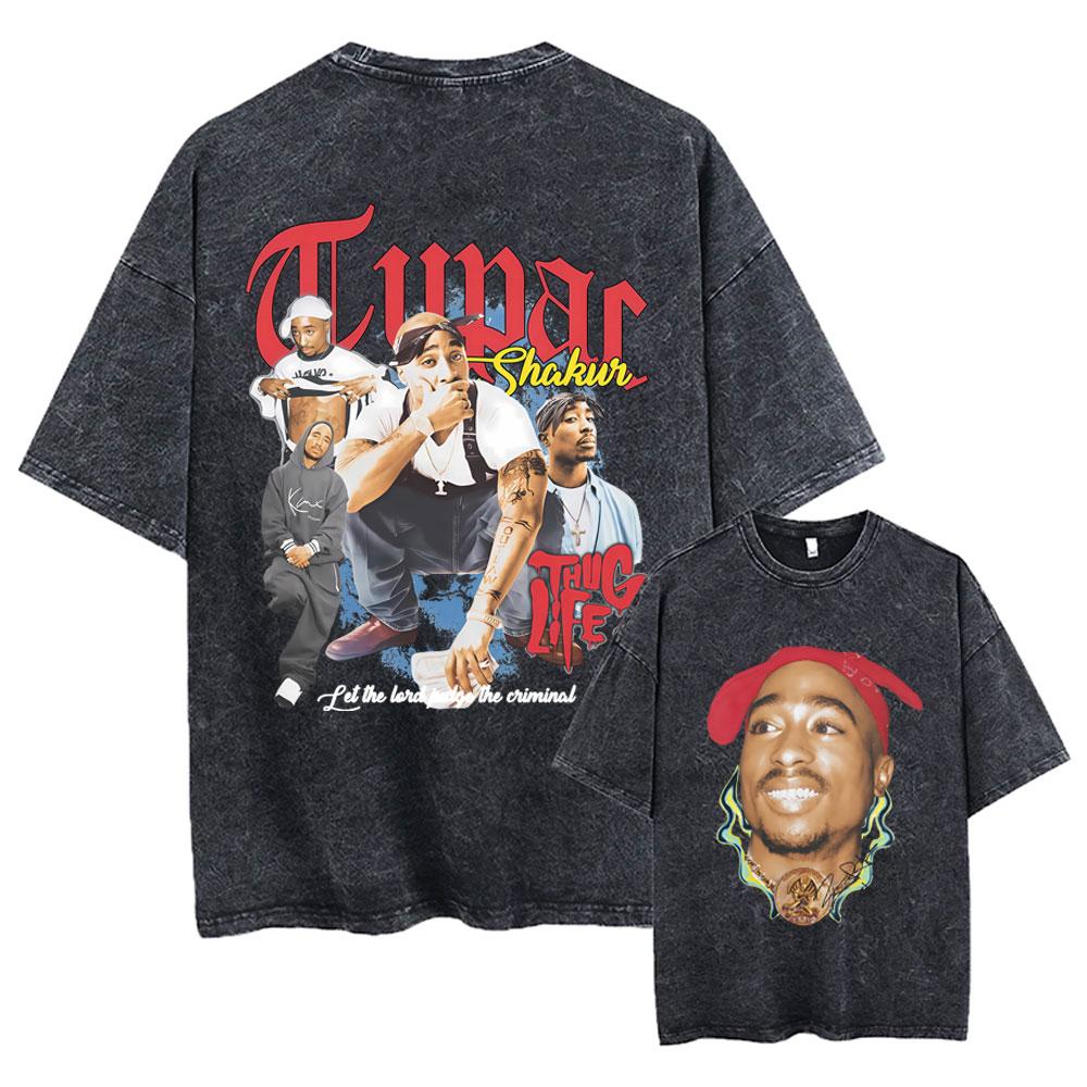 Rapper Tupac 2pac All Eyez On Me Cross Vintage Washed T Shirt Men Hip Hop Fashion Retro Tshirt Mens Casual Oversized Tshirts