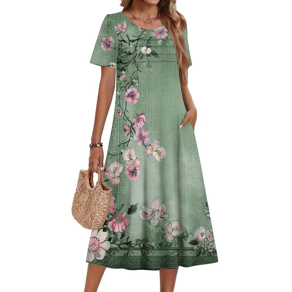 Ladies' Floral Printed Casual And Fashionable Short Sleeved Round Neck Dress