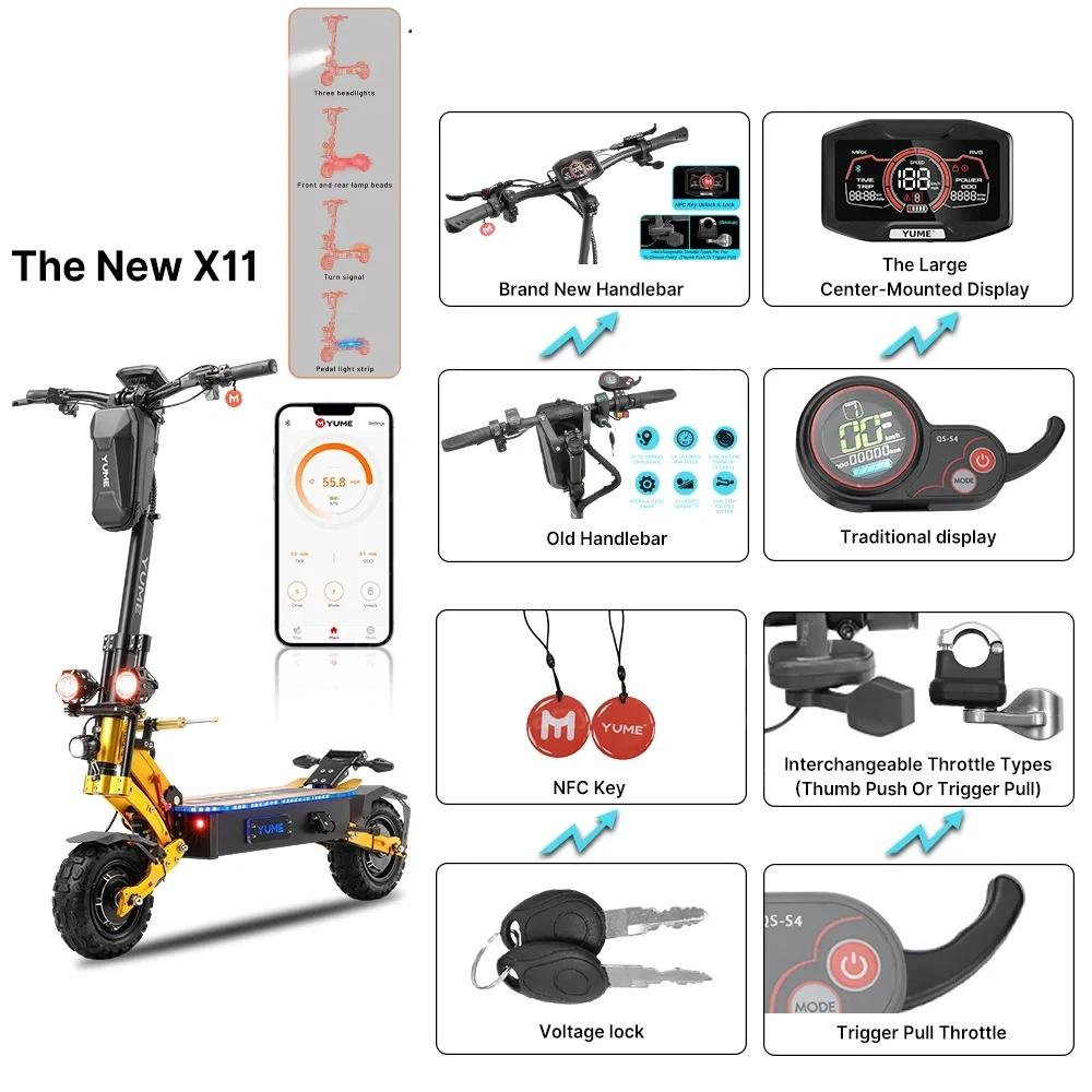 YUME X11 + Monopattino Elettrico 6000W 60V Batteria 27Ah/30Ah Doppio Motore Ruote da 11 pollici 90KM Chilometraggio Massimo 150KG Velocità