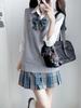 QOOLY High School Uniform Strick Falten kariert Schleife Schule für High School JK Abschluss Schule Kultureller Eingang Authentische Größe L Set, Weste,