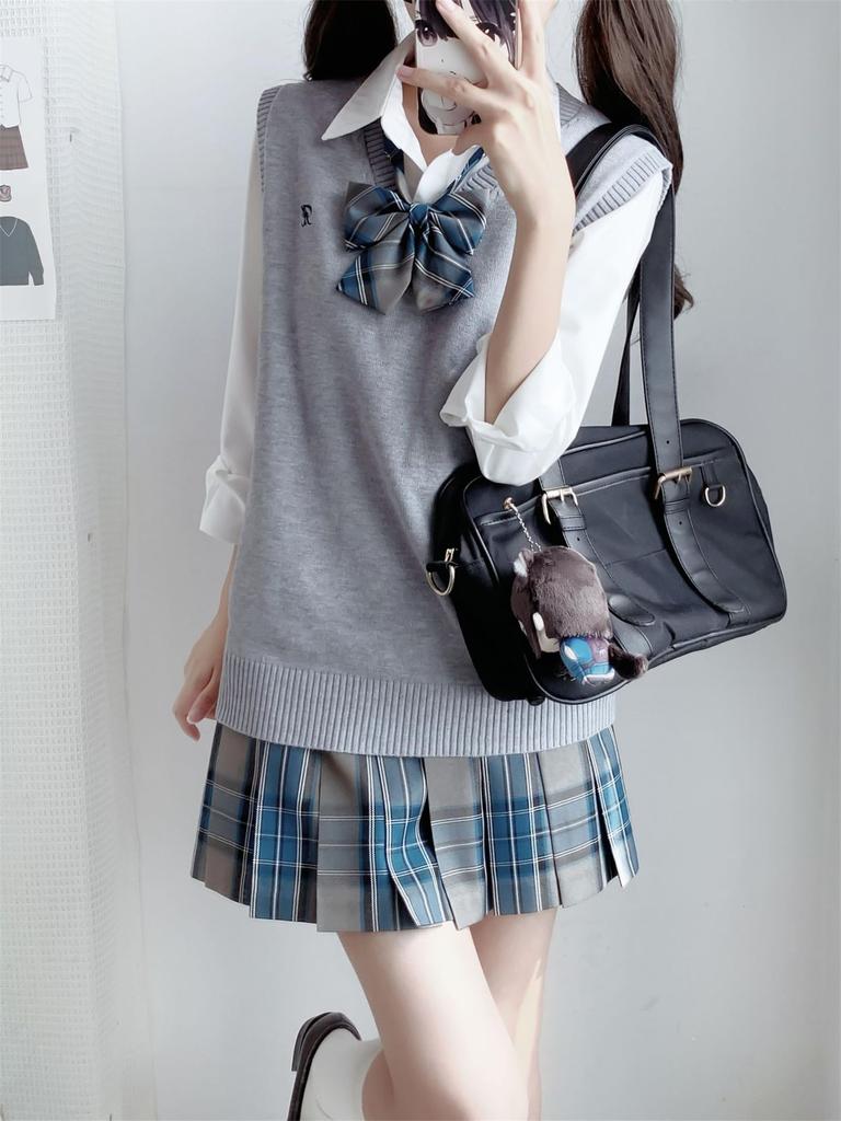 QOOLY High School Uniform Strick Falten kariert Schleife Schule für High School JK Abschluss Schule Kultureller Eingang Authentische Größe L Set, Weste,