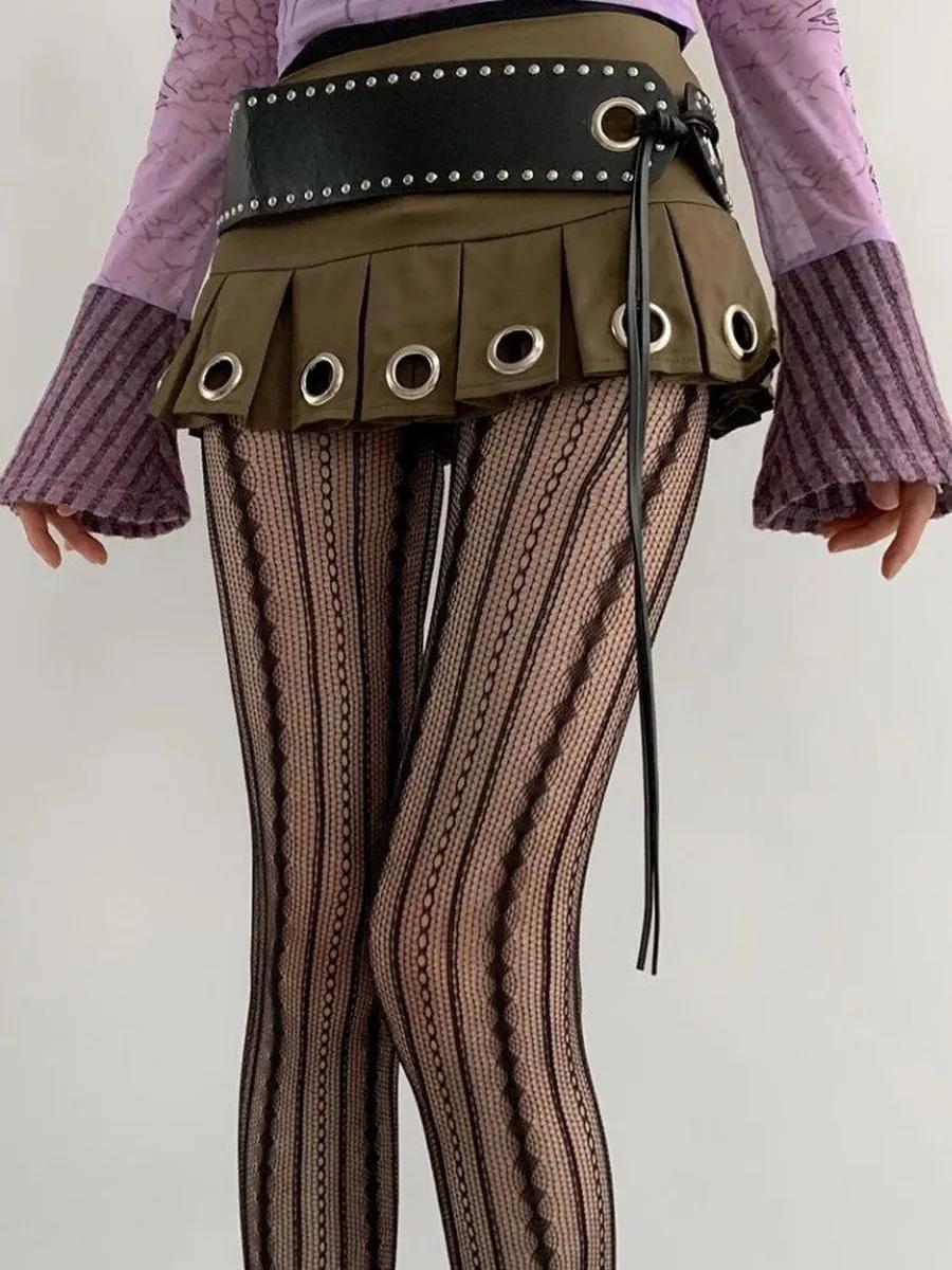 

New Burgundy Rhombus Striped Tights Women Sexy Lace Fishnet Stockings Mesh Pantyhose Cute Lolita Hollow Out Slim Leggings One Size