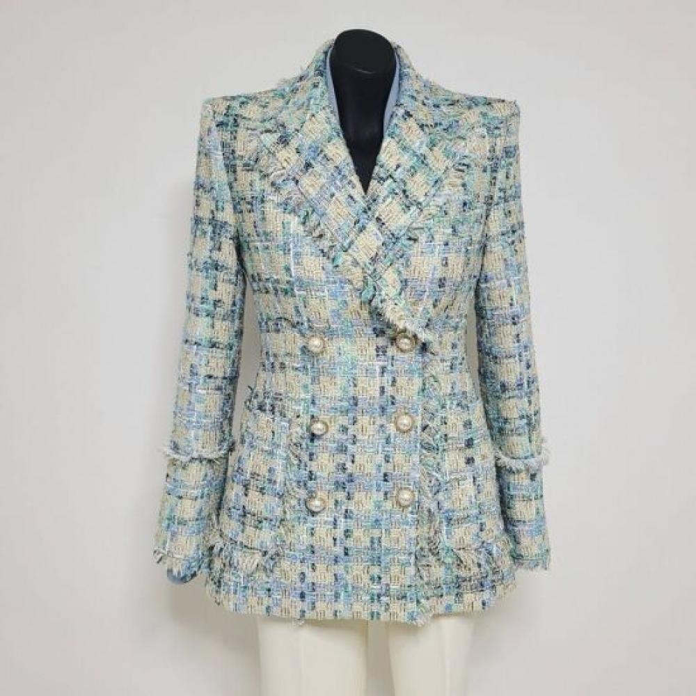 Style Latte Women Pastel Check Pattern Fringe Tweed Jacket Pearl Button