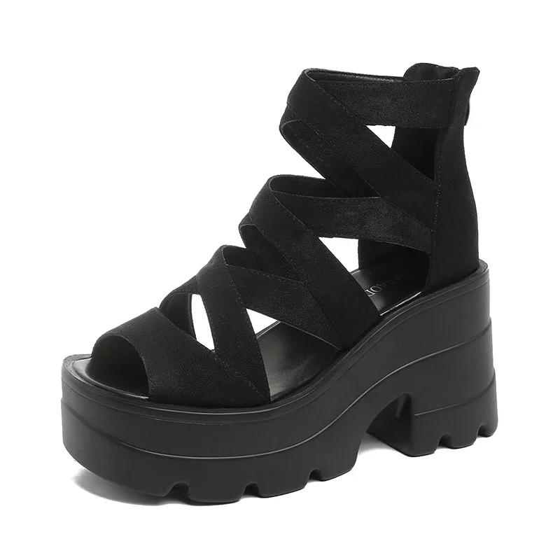 Fashion 2025 New Summer women Square Heel Sandals Round Head Hollow-out Suede Back Zipper Waterproof Platform Non-slip High Heels shoes