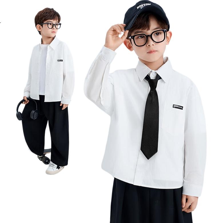 Romon Children's Long Sleeve White Shirt Boys Casual Versatile School Style Spring Autumn 2025 New White 130