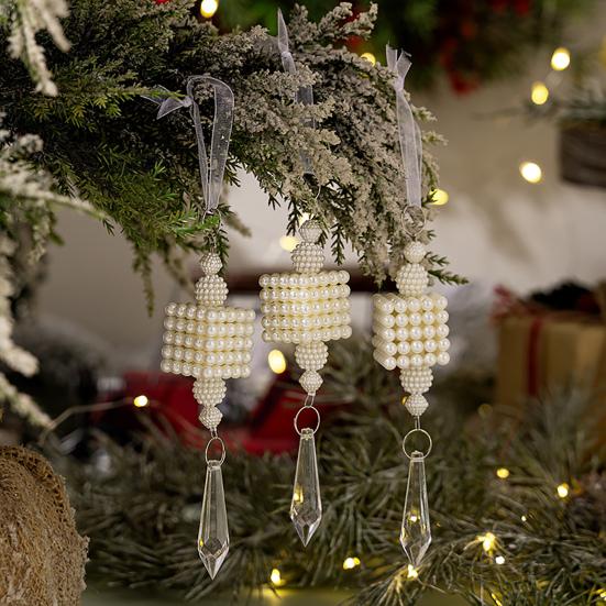 Faux Pearl Christmas Tree Ornaments Winter Faux Pearl Beaded Christmas Hanging Decoration with Faux Crystal Drop Pendant for Wedding Holiday Decor