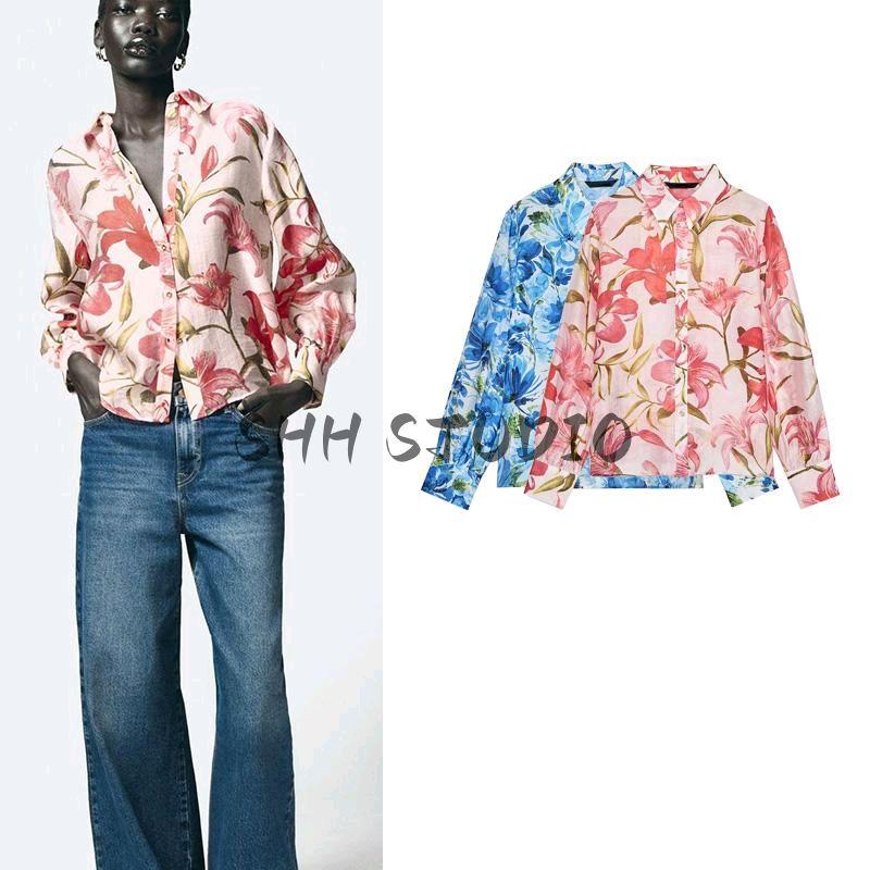 Spring New Women's Clothing Flower Print Fashion Vertical Lapel Long Sleeve Shirt 5029055 5029053