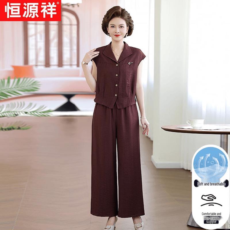 Hengyuanxiang Women s Summer Lapel Top & Wide-Leg Pants Set 3XL