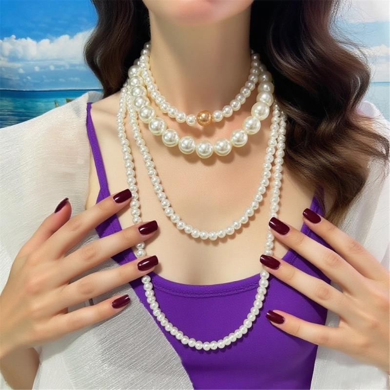 4 Piece Layering Artificial Pearls Necklace Set Adjustable Length Multi Strand Jewelry Neckchain For Women Fashion