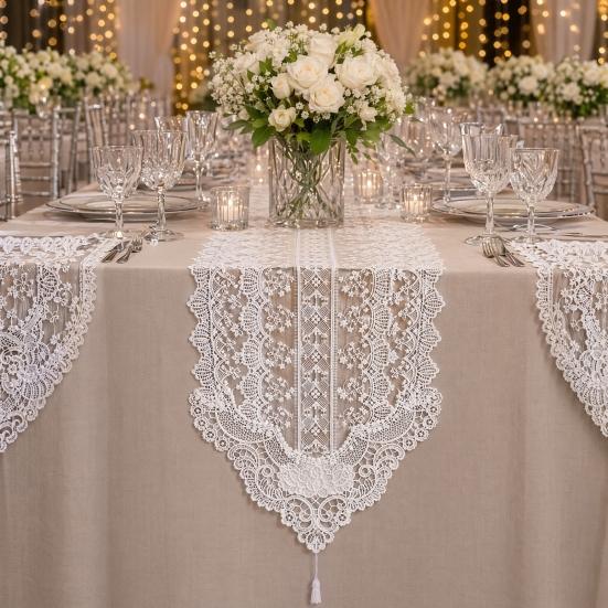 White Lace Table Runner, Vintage Floral Lace Table Runner, Rustic Boho Table Runner for Dining Table Wedding Bridal Shower Baby Shower Party