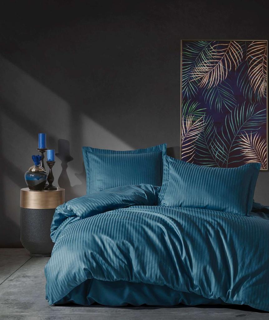 Parure de lit - 1 housse de couette 140 x 200cm + 1 taies d'oreiller 60 x 60 cm - Satin - Imprimé rayures Bleu