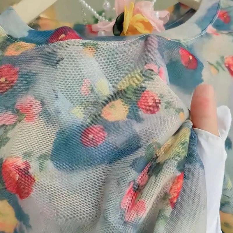 Plus Size Transparent Mesh Sun Protection T-shirt Women's Summer Loose Slimming Outerwear Long-sleeve Printed Cover-up Top