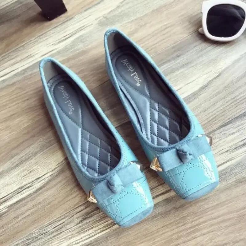 Fashion Normal Leather Casual Flats Ladies Footwear Low Heel Elegant Blue Square Toe Women's Shoes Flat High Quality Shoe Fashion Young