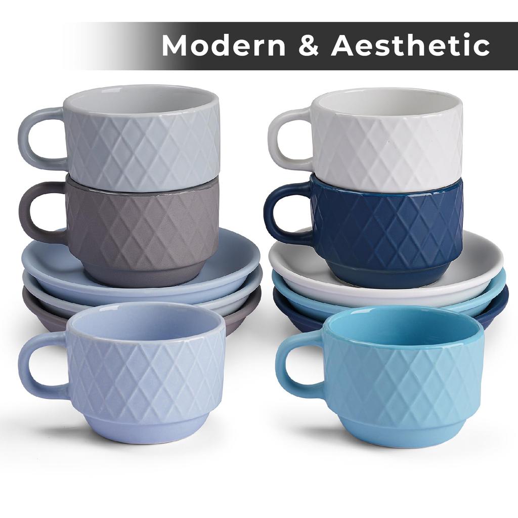 MIAMIO Diamond Pattern Ceramic Espresso Cup Set X 6 Palmanova Collection - (75ml Pcs) - (Ocean Blue)