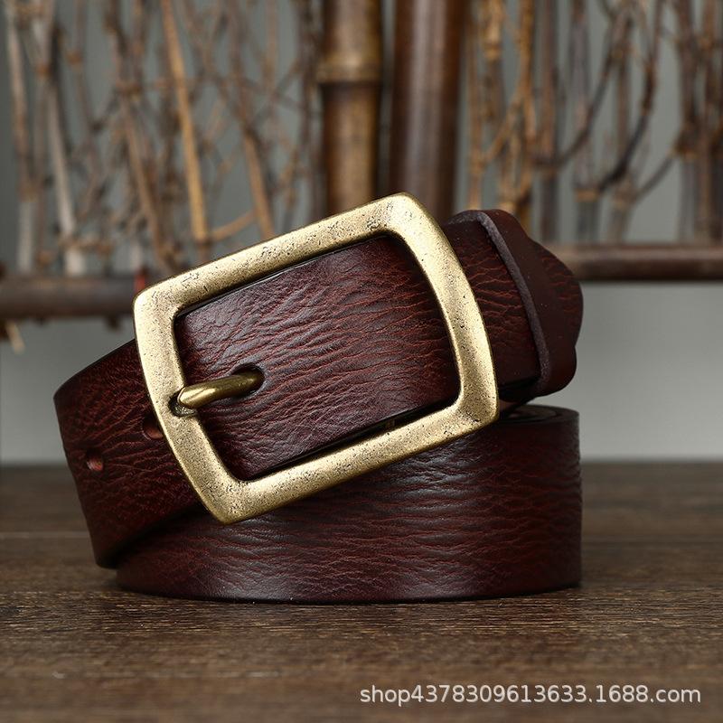 European And American Retro Concave Old First Layer Cowhide Belt Men'S Genuine Leather Japanese Character Copper Needle Buckle Jeans Belt