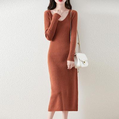 Women Sweater Dress 100% Wool V-neck Knit Long Pullover Winter Jumpers Wool Long Dress Female