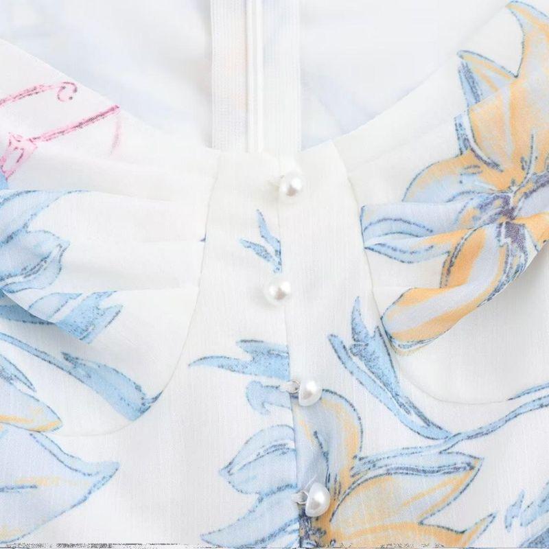 Kaslead New Arrival Women's Fashion Style Casual Simple Chiffon Retro Square Collar Print Long Dress