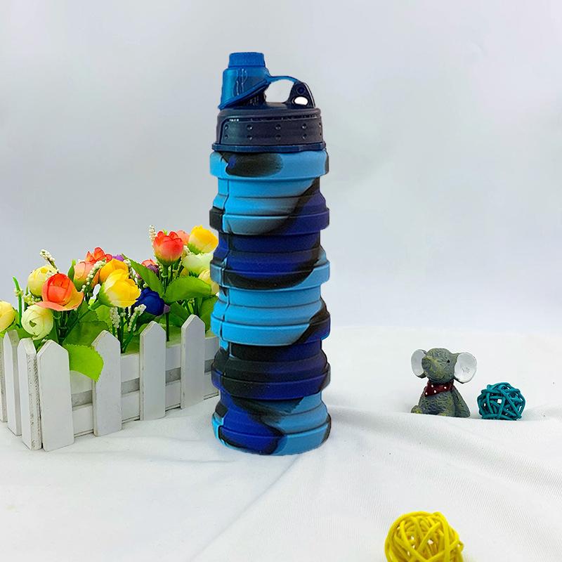 Portable Collapsible Silicone Water Bottle With Lid Camouflage Foldable Kettle For Sports Travel Drinking Cup With Carabiner Cup