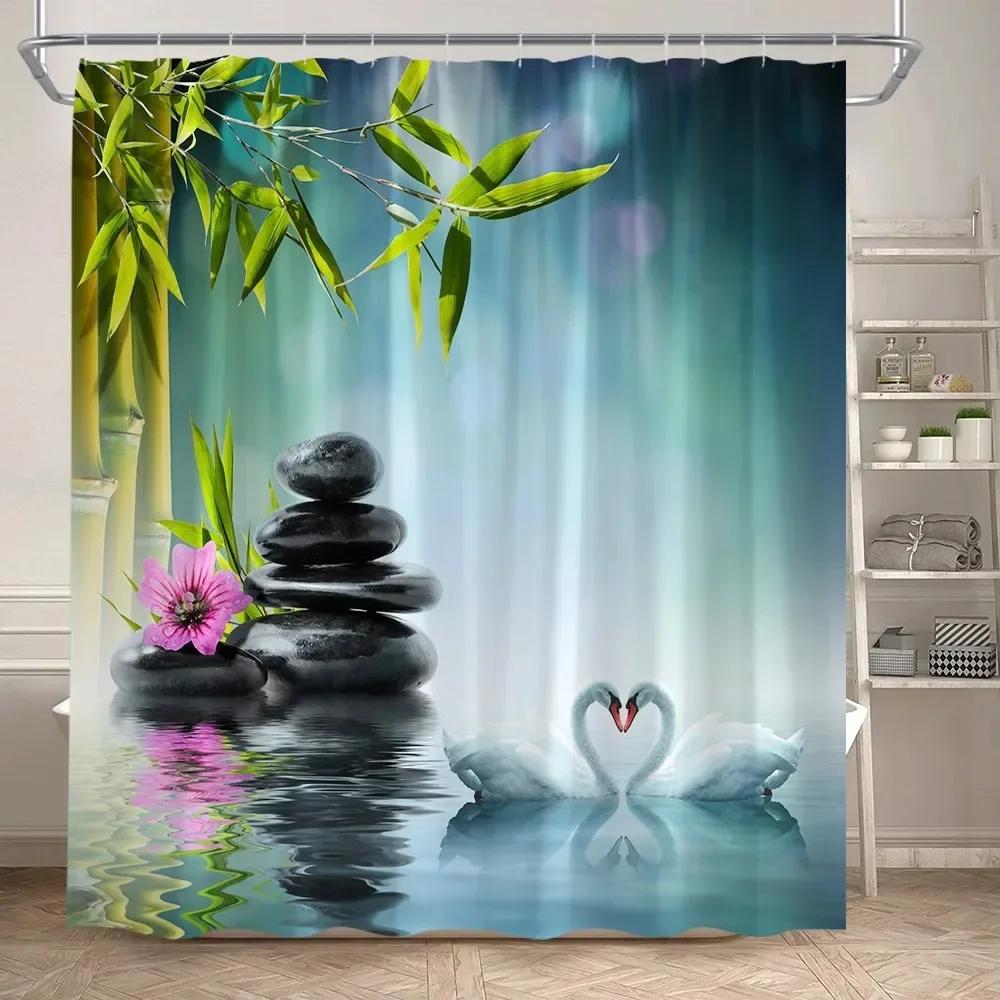 Zen Green Bamboo Shower Curtains Purple Orchid Butterfly Flowers Plants Black Stone Spa Nature Scenery Fabric Bathroom Decor Set