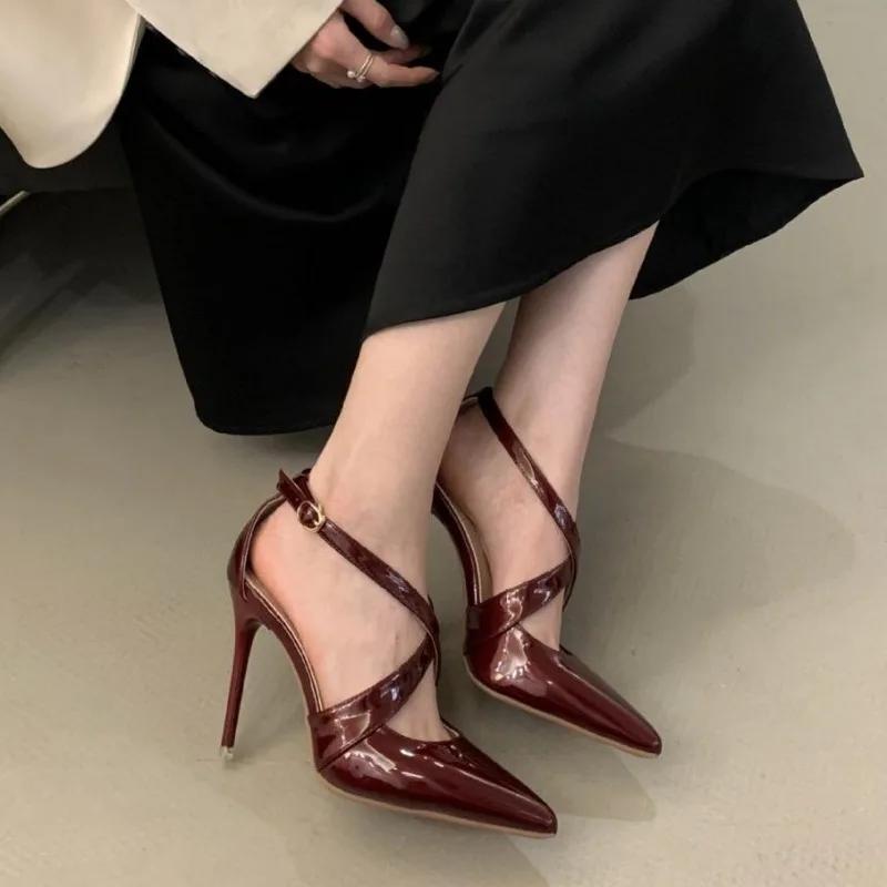 Fashion Patent Leather Pointed Toe Shoes Women Pumps Sexy Buckle Strap 11cm High Heels Elegant Spring Office Footwear Tacones