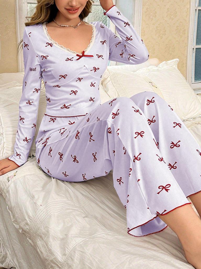 Women's European Style Bowknot Pajama Set - Long Sleeve Top & Elastic Long Pants, Printed, Casual, and Sexy for Indoors or Outdoors.