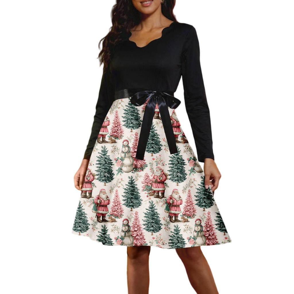 Women's Casual Fashion Long Sleeve Christmas Graphic Printed Vintage Long Dresses